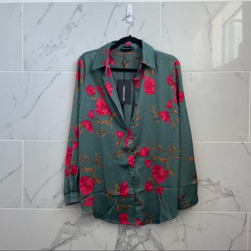 Pretty Little Thing green floral oversized button up blouse shirt top